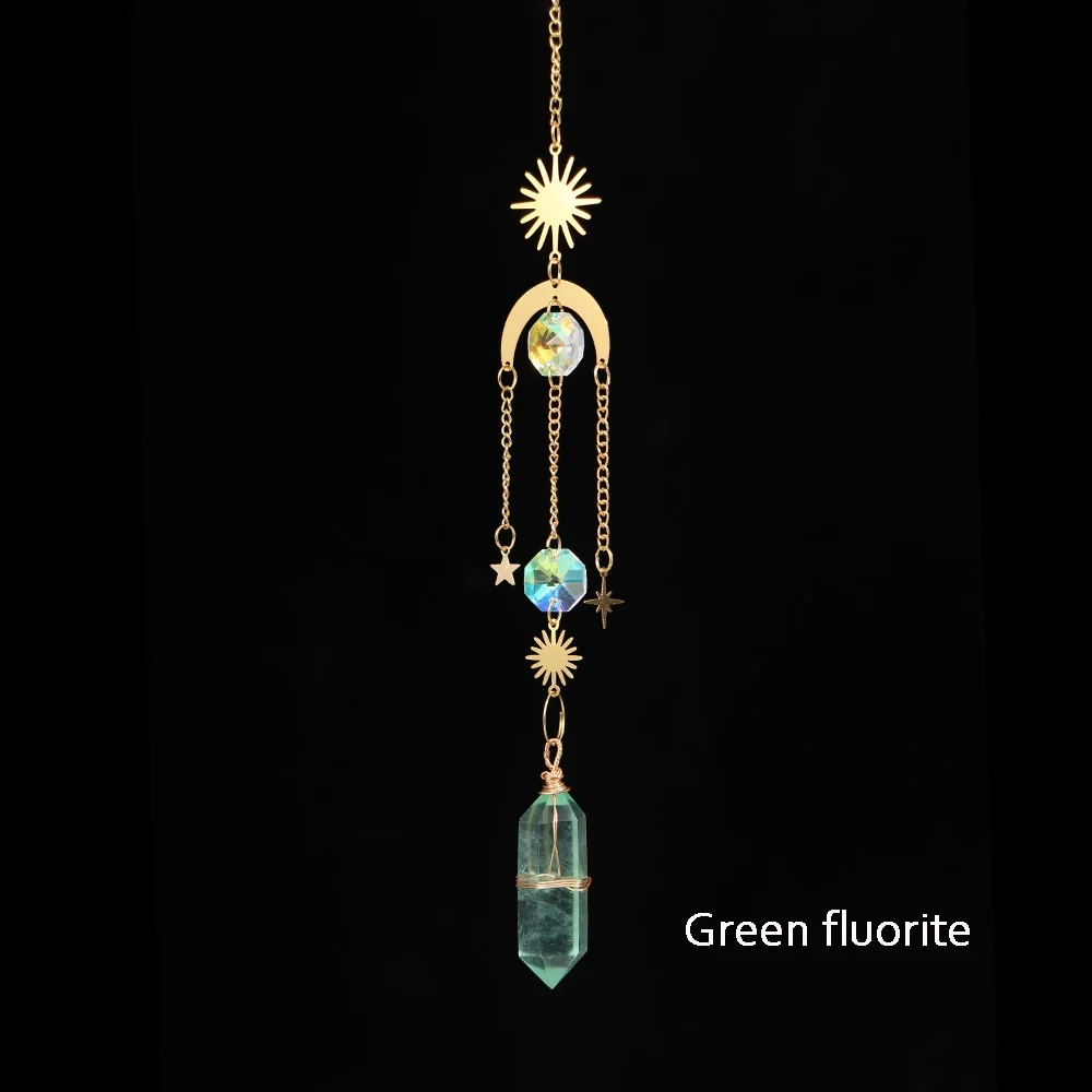 Natural Crystal Wand Wind Chime Clear Quartz Hanging Pendant Handmade Star Moon Sun Catchers Window Hanging Home Decoration Gift