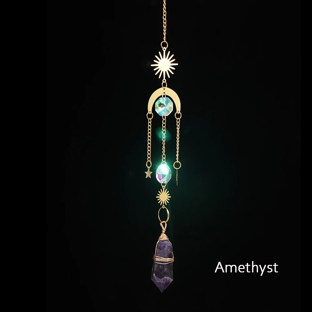 Natural Crystal Wand Wind Chime Clear Quartz Hanging Pendant Handmade Star Moon Sun Catchers Window Hanging Home Decoration Gift