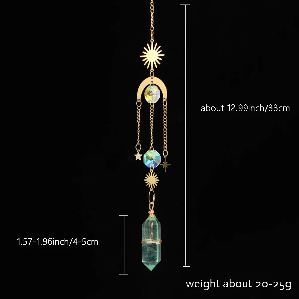 Natural Crystal Wand Wind Chime Clear Quartz Hanging Pendant Handmade Star Moon Sun Catchers Window Hanging Home Decoration Gift