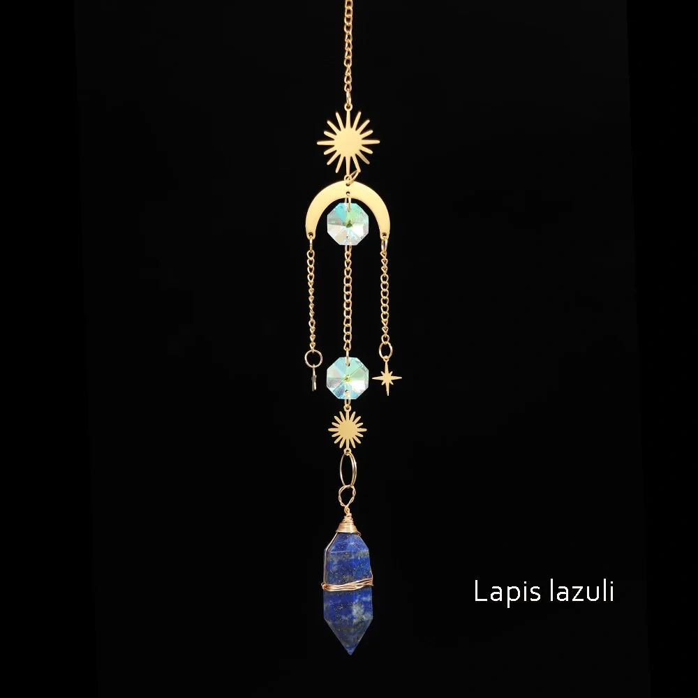 Natural Crystal Wand Wind Chime Clear Quartz Hanging Pendant Handmade Star Moon Sun Catchers Window Hanging Home Decoration Gift
