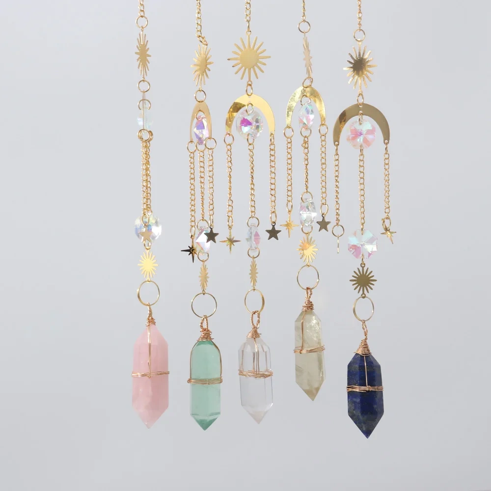 Natural Crystal Wand Wind Chime Clear Quartz Hanging Pendant Handmade Star Moon Sun Catchers Window Hanging Home Decoration Gift