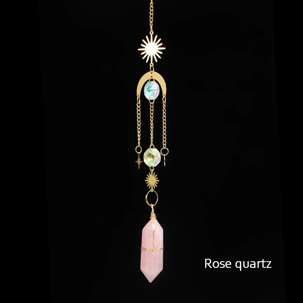 Natural Crystal Wand Wind Chime Clear Quartz Hanging Pendant Handmade Star Moon Sun Catchers Window Hanging Home Decoration Gift
