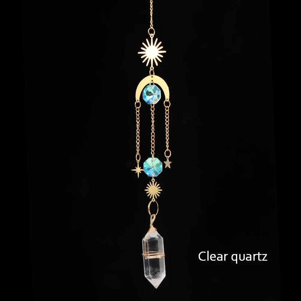 Natural Crystal Wand Wind Chime Clear Quartz Hanging Pendant Handmade Star Moon Sun Catchers Window Hanging Home Decoration Gift