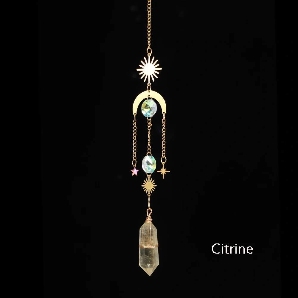 Natural Crystal Wand Wind Chime Clear Quartz Hanging Pendant Handmade Star Moon Sun Catchers Window Hanging Home Decoration Gift