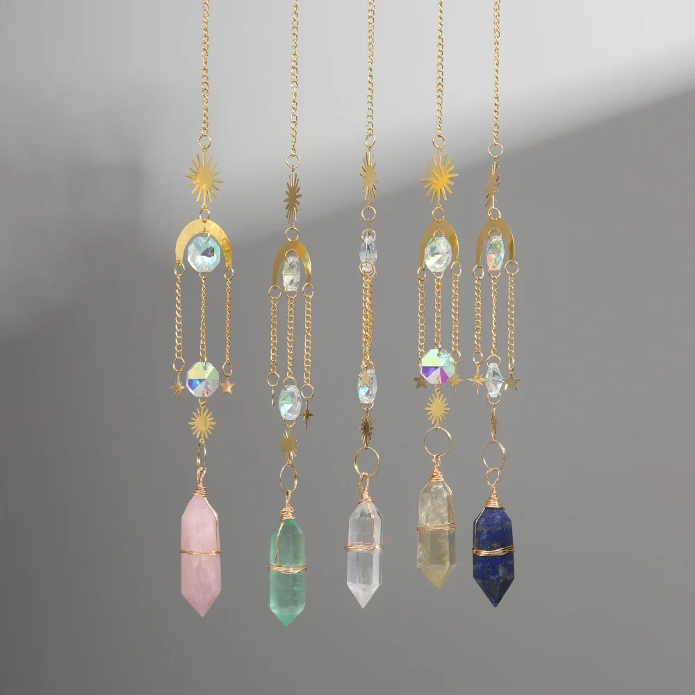 Natural Crystal Wand Wind Chime Clear Quartz Hanging Pendant Handmade Star Moon Sun Catchers Window Hanging Home Decoration Gift