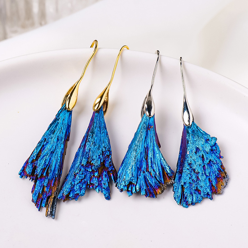 Natural crystal electroplated black tourmaline blue feather raw stone earrings