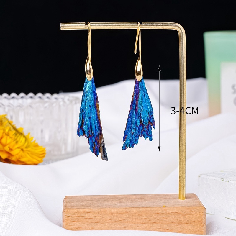 Natural crystal electroplated black tourmaline blue feather raw stone earrings