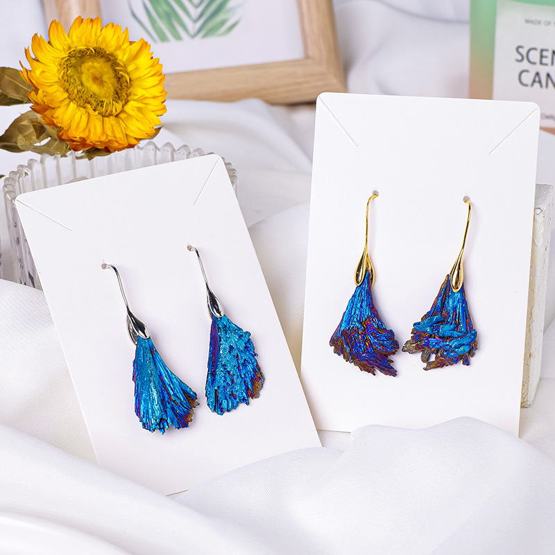 Natural crystal electroplated black tourmaline blue feather raw stone earrings