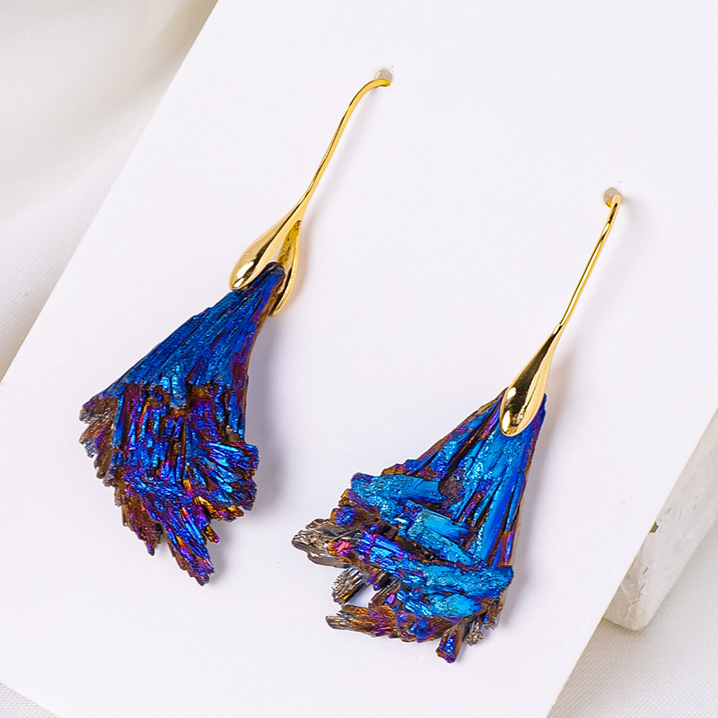 Natural crystal electroplated black tourmaline blue feather raw stone earrings