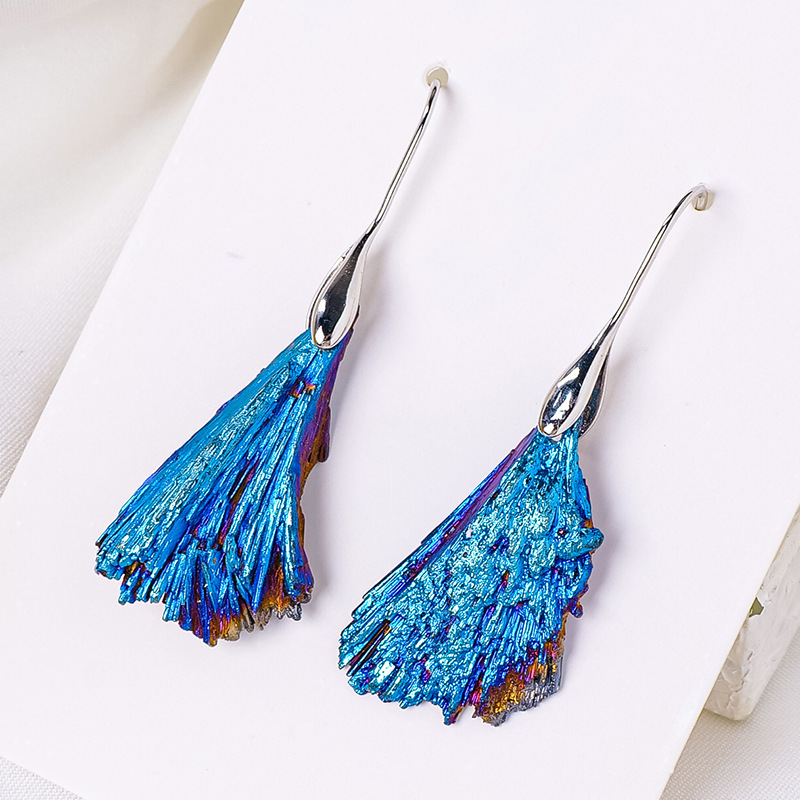 Natural crystal electroplated black tourmaline blue feather raw stone earrings