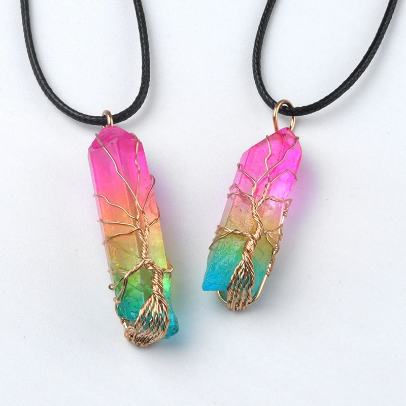 Natural white crystal pillar wrapped wire tree of life pendant electroplated colorful