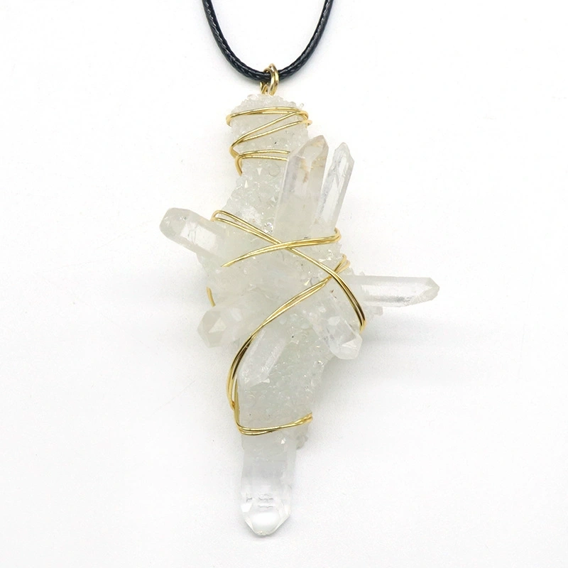 White crystal column raw stone wire-wrapped pendant Natural crystal raw stone resin glue base necklace