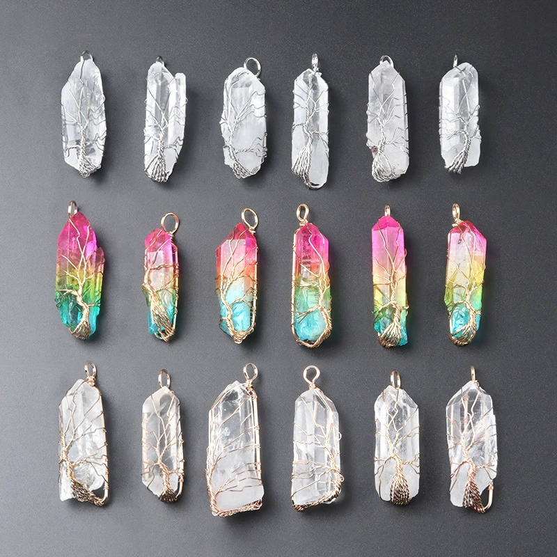 Natural white crystal pillar wrapped wire tree of life pendant electroplated colorful