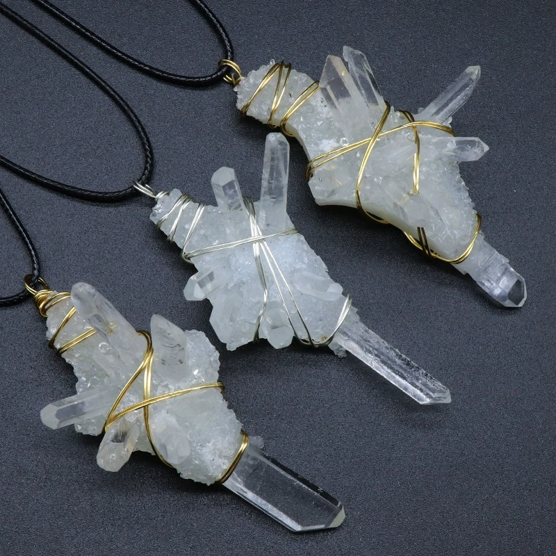 White crystal column raw stone wire-wrapped pendant Natural crystal raw stone resin glue base necklace