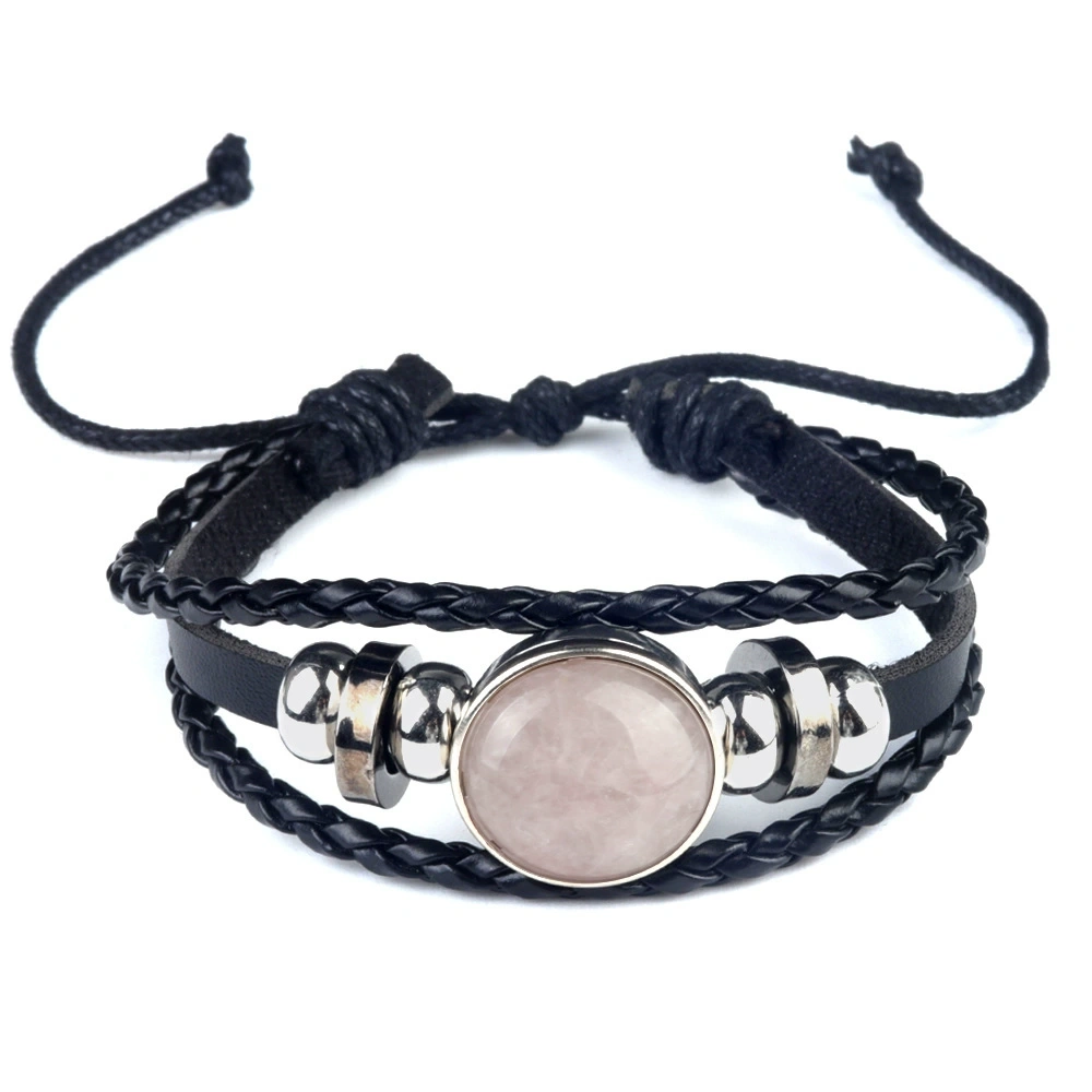 Natural crystal agate stone inlaid leather braided gemstone bracelet Time Gemstone Bracelet