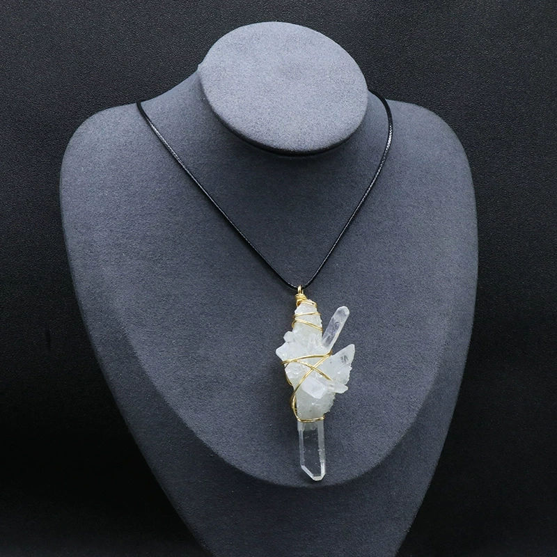 White crystal column raw stone wire-wrapped pendant Natural crystal raw stone resin glue base necklace