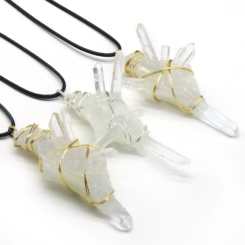 White crystal column raw stone wire-wrapped pendant Natural crystal raw stone resin glue base necklace