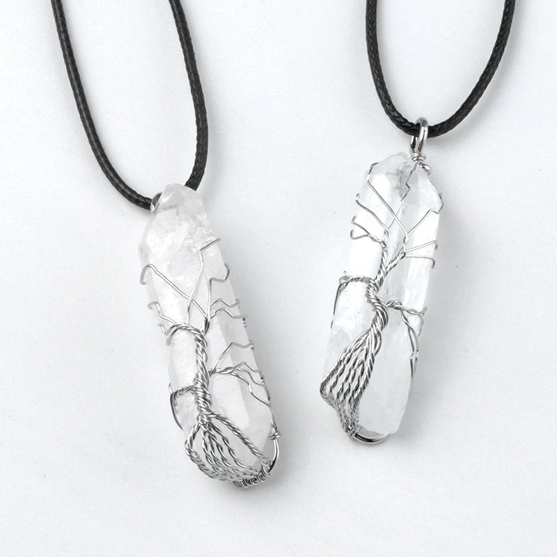 Natural white crystal pillar wrapped wire tree of life pendant electroplated colorful