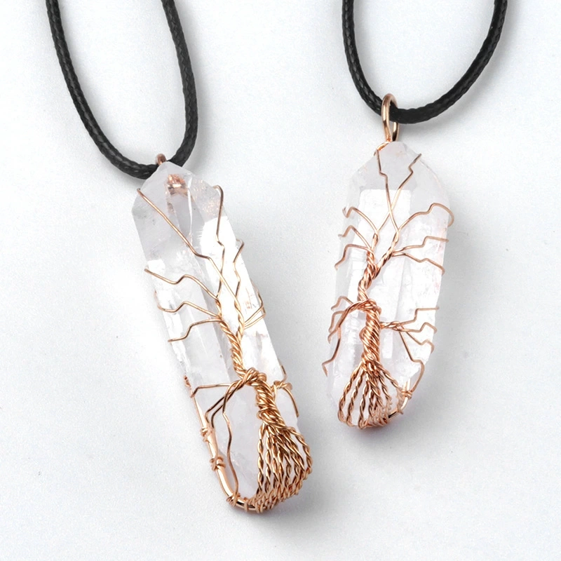 Natural white crystal pillar wrapped wire tree of life pendant electroplated colorful
