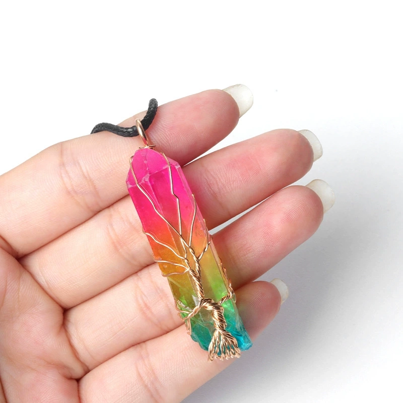 Natural white crystal pillar wrapped wire tree of life pendant electroplated colorful