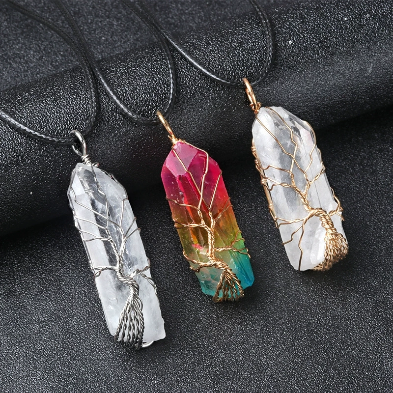 Natural white crystal pillar wrapped wire tree of life pendant electroplated colorful