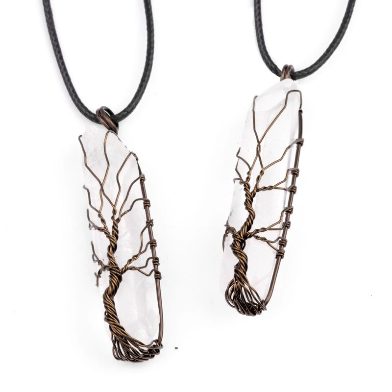 Natural white crystal pillar wrapped wire tree of life pendant electroplated colorful