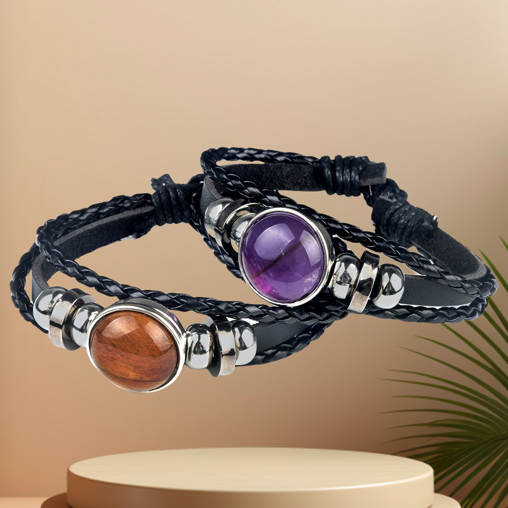Natural crystal agate stone inlaid leather braided gemstone bracelet Time Gemstone Bracelet