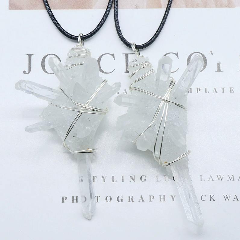 White crystal column raw stone wire-wrapped pendant Natural crystal raw stone resin glue base necklace