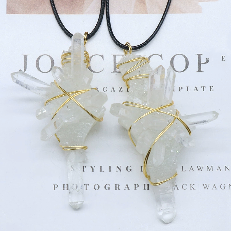 White crystal column raw stone wire-wrapped pendant Natural crystal raw stone resin glue base necklace