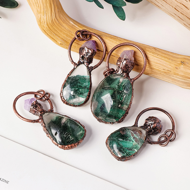 Natural green ghost water drop red copper pendant amethyst tooth flower raw stone necklace