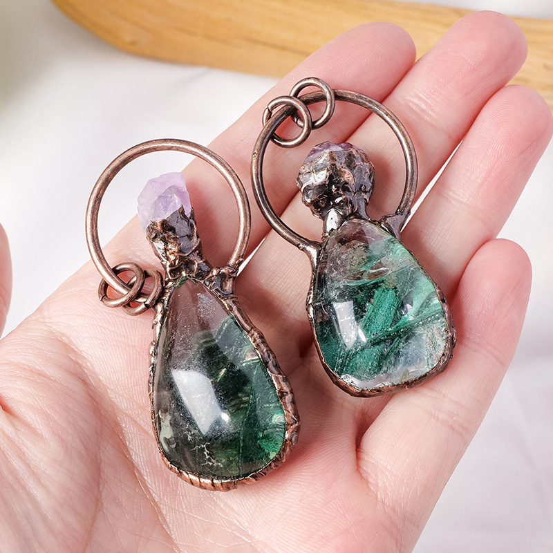 Natural green ghost water drop red copper pendant amethyst tooth flower raw stone necklace