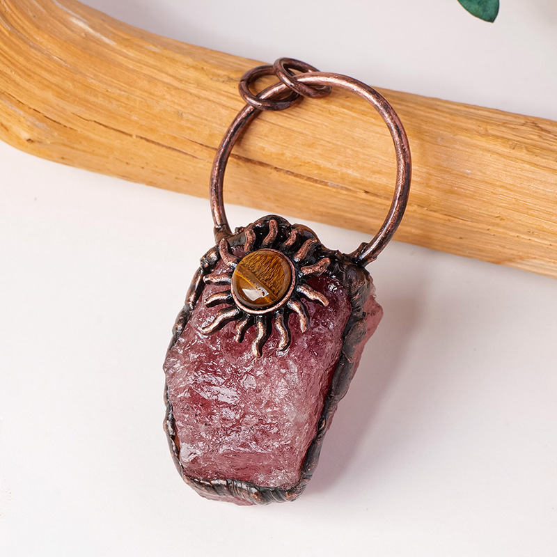 Natural crystal red copper pendant flower vintage raw stone necklace