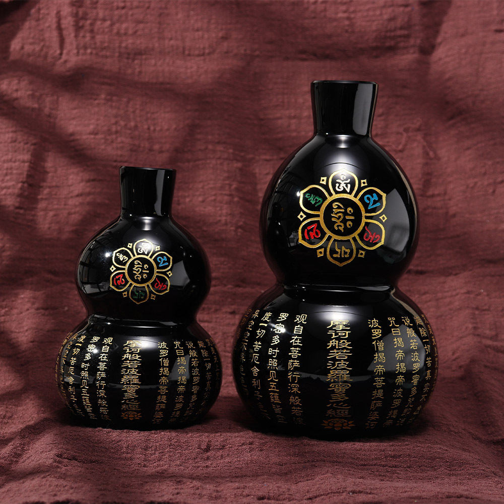 Obsidian original stone carving heart sutra gourd six-character mantra five blessings gourd ornaments
