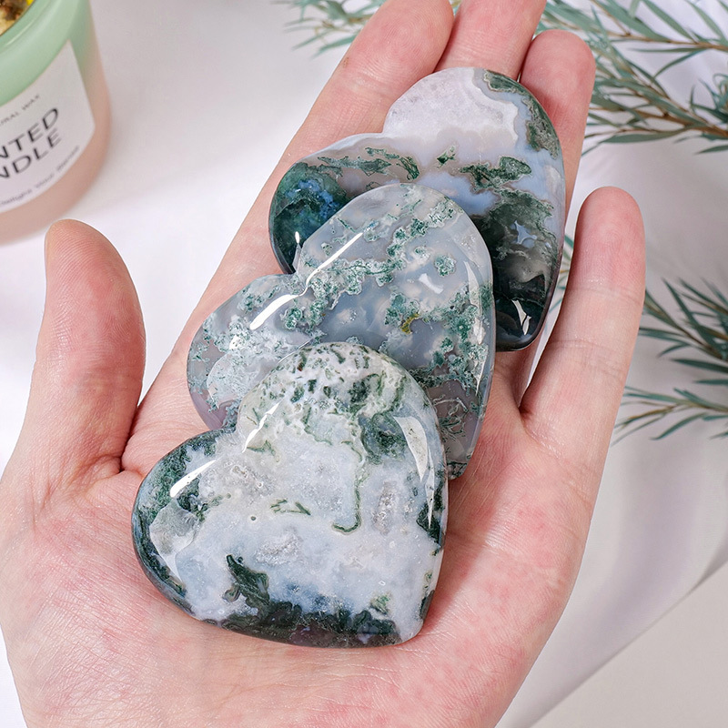 Natural crystal moss agate love heart handle piece crystal raw stone polished