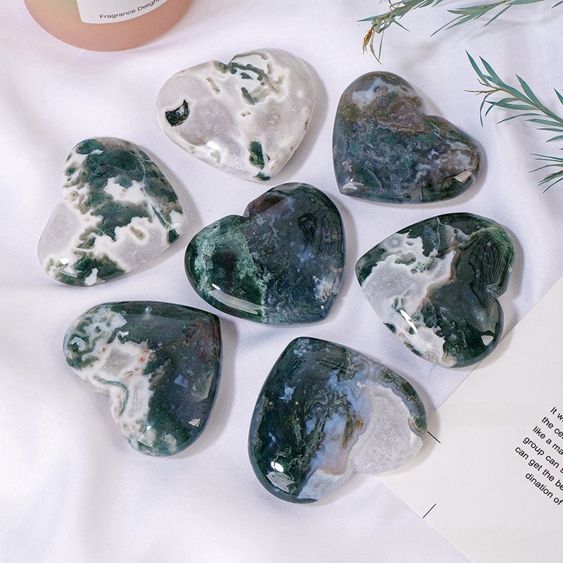Natural crystal moss agate love heart handle piece crystal raw stone polished