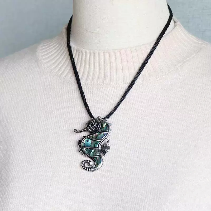 Abalone Seahorse Brooch Pendant Alloy Inlaid Shell Necklace