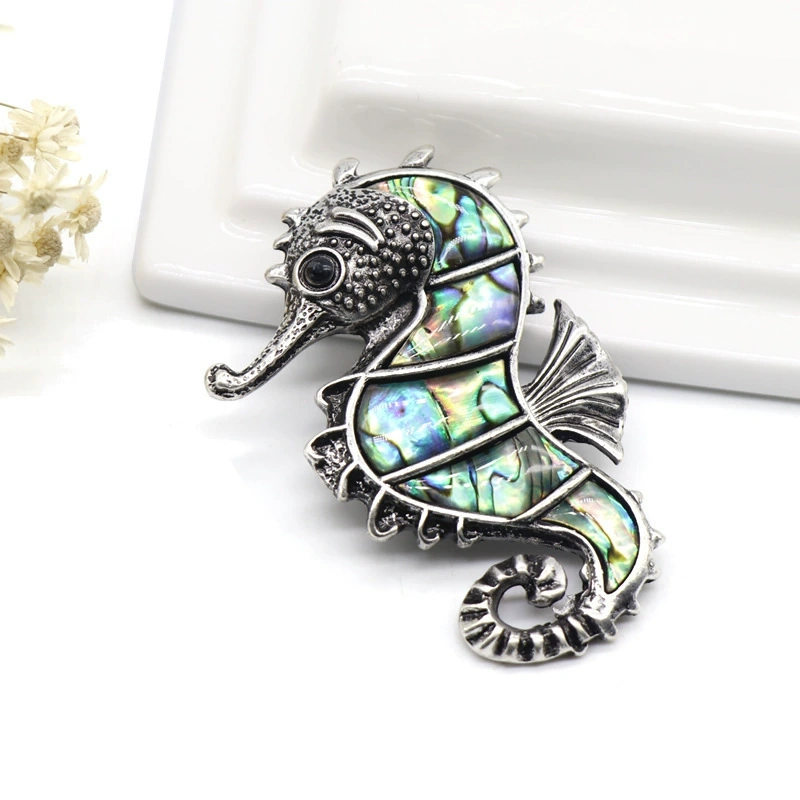 Abalone Seahorse Brooch Pendant Alloy Inlaid Shell Necklace