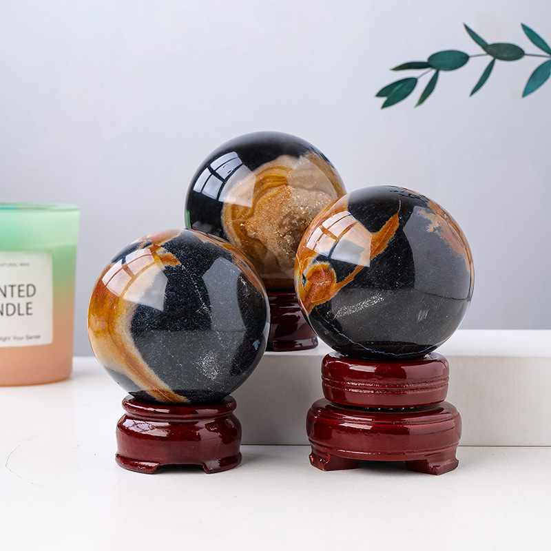 Natural ocean black tourmaline symbiotic crystal ball, rough stone polishing