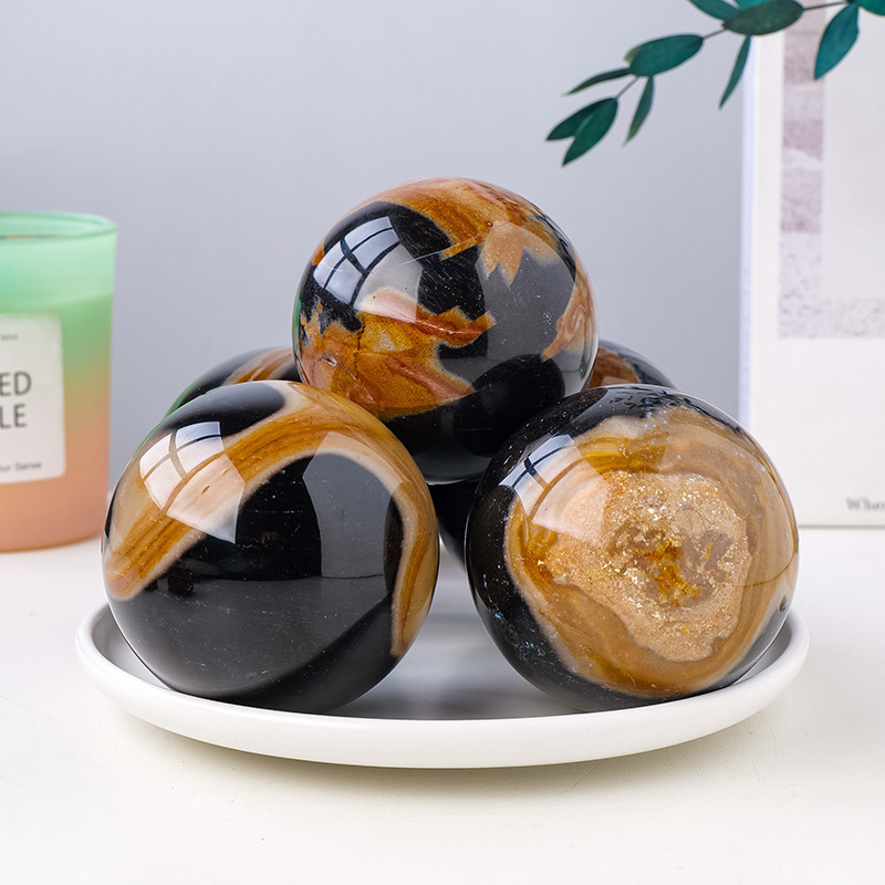 Natural ocean black tourmaline symbiotic crystal ball, rough stone polishing