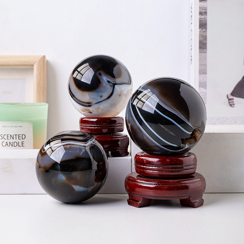 Natural black and white striped agate crystal ball Agate raw stone polished