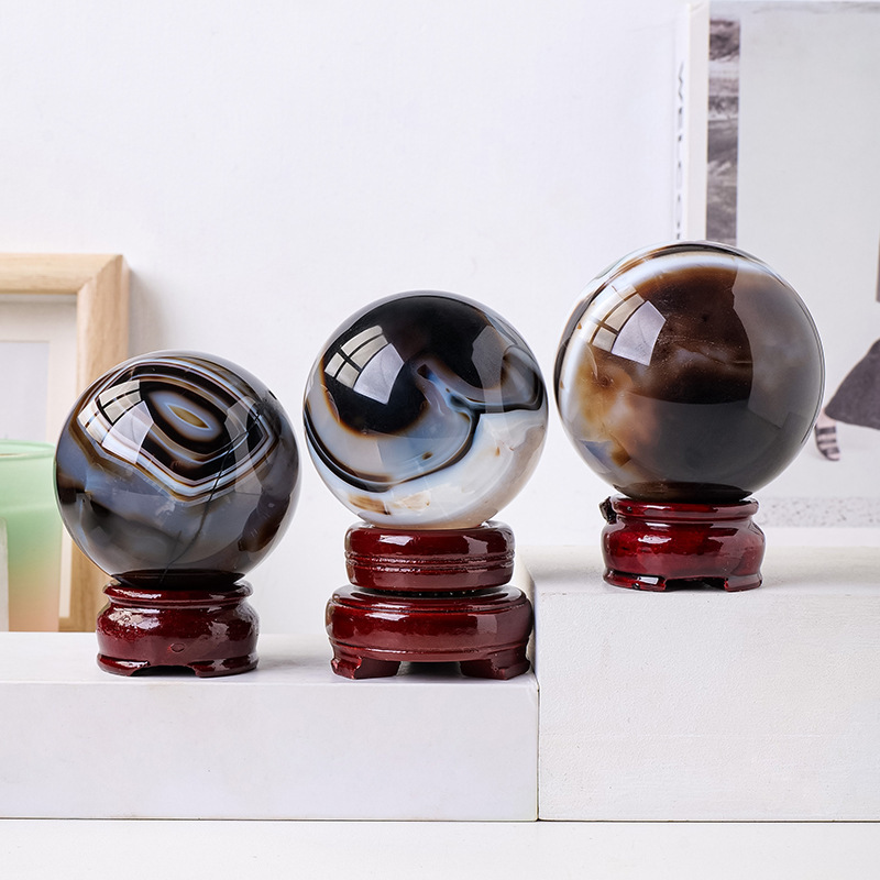Natural black and white striped agate crystal ball Agate raw stone polished
