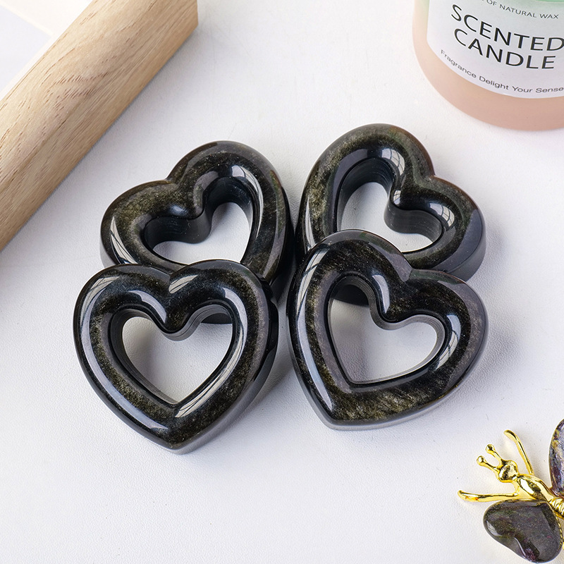 Natural crystal gold obsidian hollow heart carving piece original stone polishing