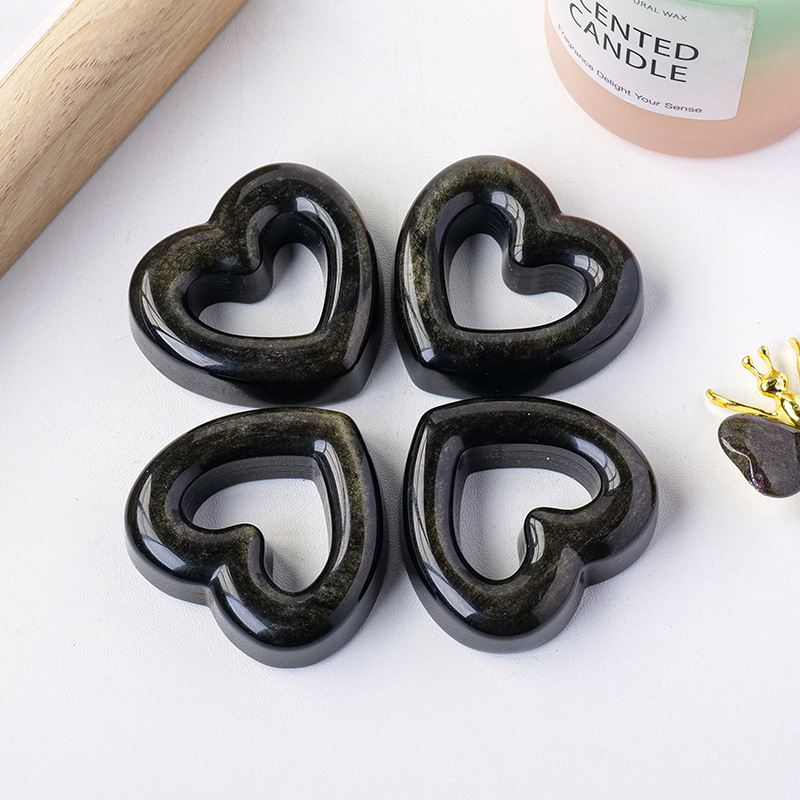 Natural crystal gold obsidian hollow heart carving piece original stone polishing