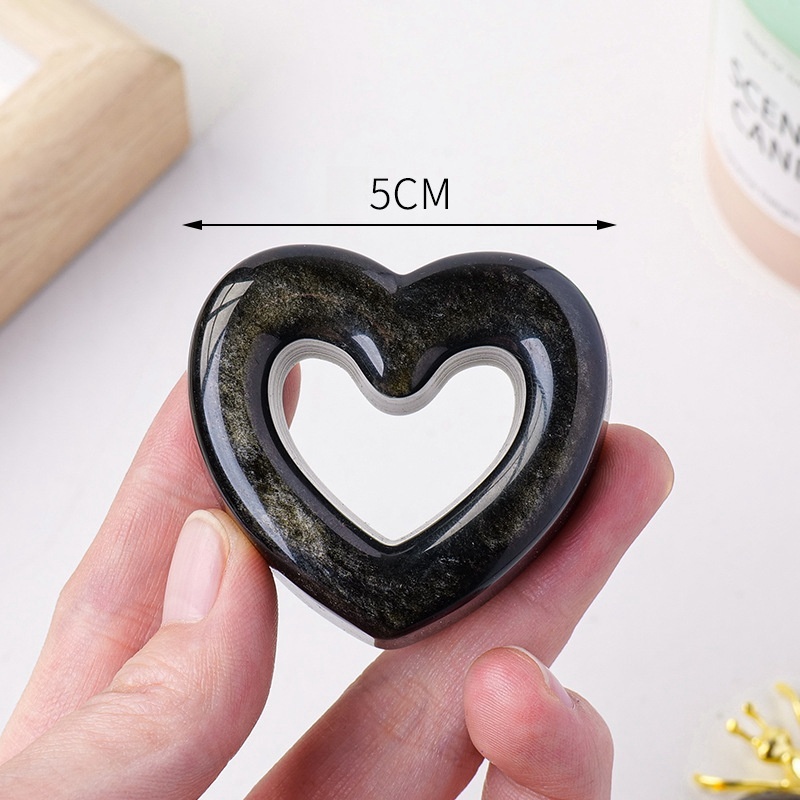 Natural crystal gold obsidian hollow heart carving piece original stone polishing