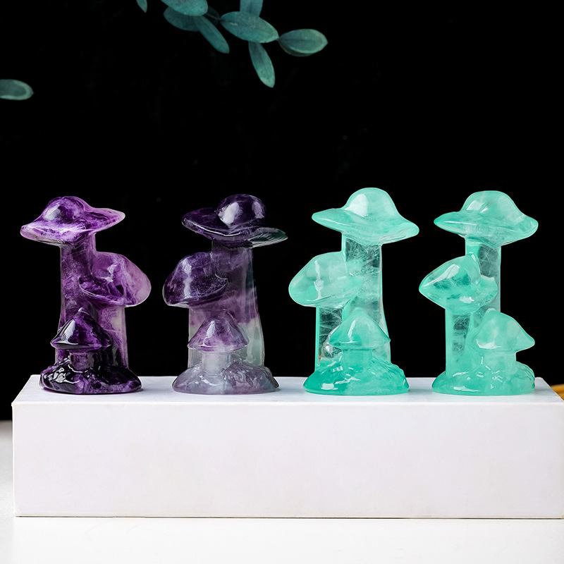 Natural crystal fluorite three-headed mushroom carving