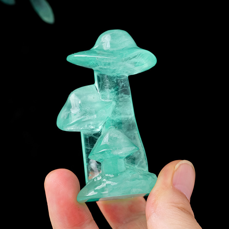 Natural crystal fluorite three-headed mushroom carving