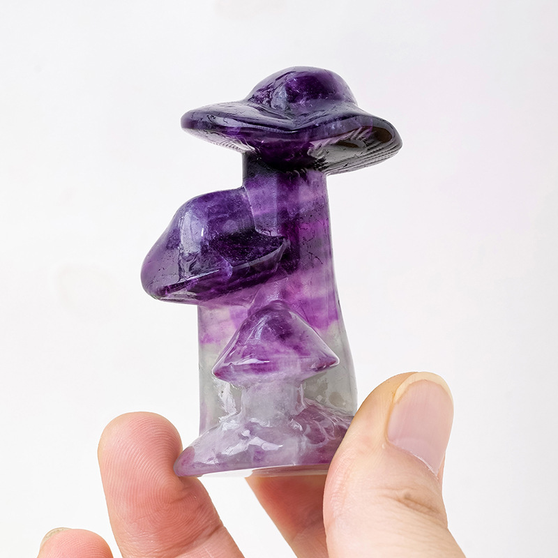Natural crystal fluorite three-headed mushroom carving