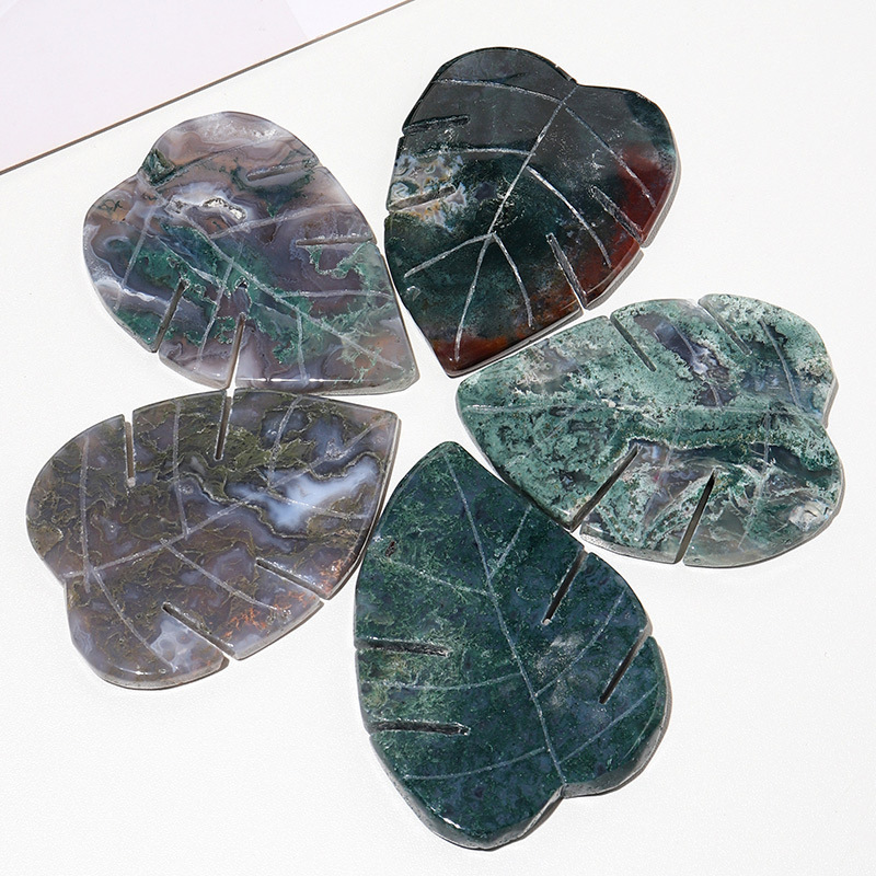 Natural crystal moss agate leaf carving crystal rough stone polishing
