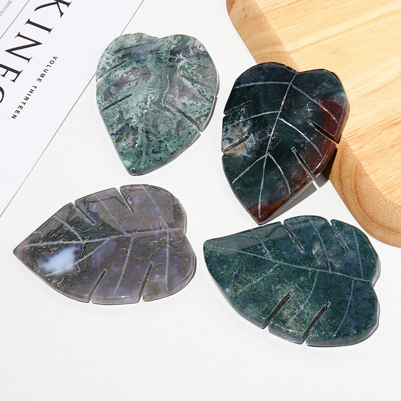 Natural crystal moss agate leaf carving crystal rough stone polishing