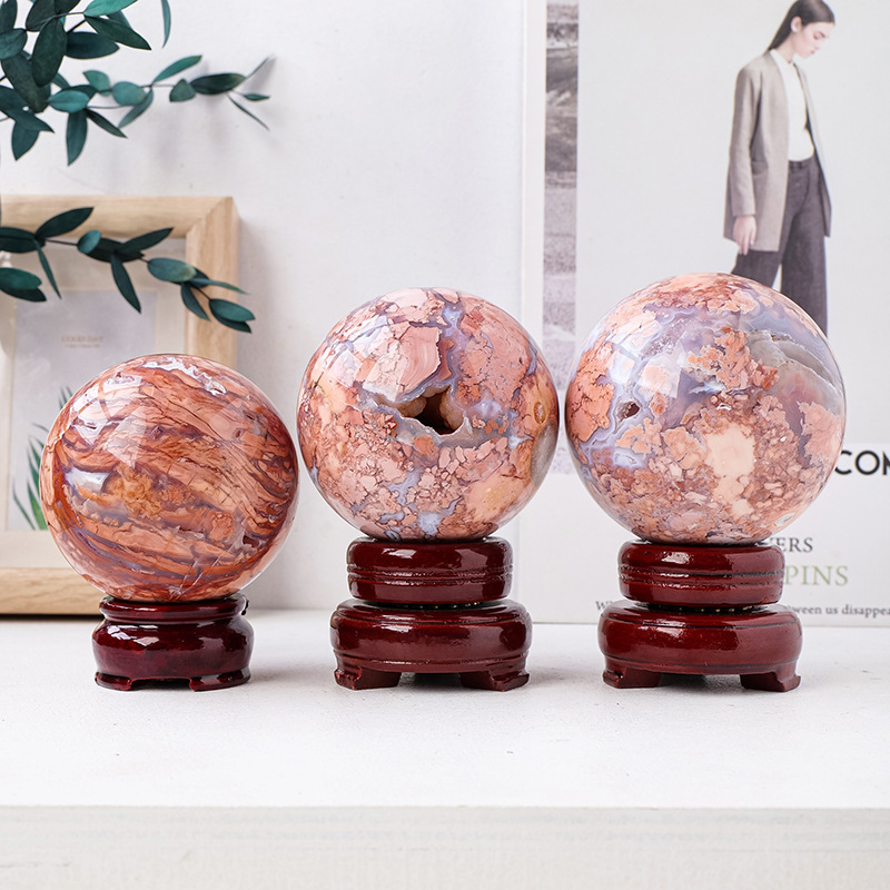Natural pink agate crystal ball, raw stone polished energy stone